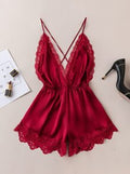 SilkySpell Contrast Lace Criss Cross Backless Satin Cami Romper Bridallingerie