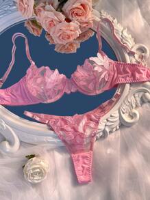 Crystal Vow Women Floral Embroidered Mesh Bra & Panty Underwear Set With Underwire, 2 Pieces Lingerie
