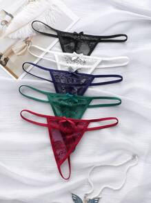 SHEIN 5pcs Women's Solid Color Lace Bowknot Sexy G-String Underwear For Everyday Wear Bow Tie