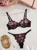 SHEIN 2pcs Women's Heart Shaped Rhinestone Decorated Embroidered Sexy Lingerie Set