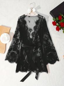 Sexy Red Valentine's Day Lace Lingerie Women's Nightgown, Semi-Transparent Lace-Up Elegant Long Sleeve Nightgown, Rave