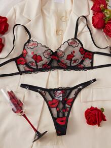 2pcs Women's Black Fiery Red Lip Mesh Embroidery Romantic Sheer Sexy Lingerie Bra Set, Valentine's Day