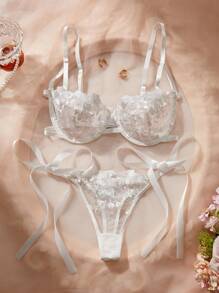 SHEIN 2pcs Women Embroidery Bow Detail Lingerie Set