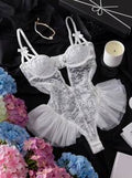 SHEIN Butterfly Lace Mesh Ruffle Trim Underwire Bodysuit, Sexy & Sheer For Women Bridal Lingerie For Going Out