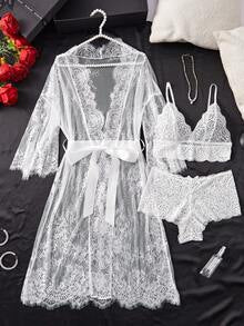 ROMWE Goth Deep V-Neck Lace Semi-Sheer Fashionable Charming Design Lingerie Set, Sexy Sleepwear For Women