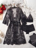 ROMWE Goth Deep V Lace Semi-Sheer Sexy And Charming Design Sleepwear Set, For Women