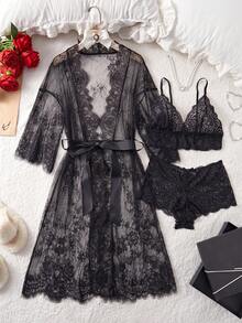 ROMWE Goth Deep V Lace Semi-Sheer Sexy And Charming Design Sleepwear Set, For Women