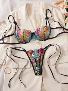 2pcs Women Sexy Lingerie Set, Mesh Floral Embroidery Underwire Bra And Strappy Thong Panty, Intimate Bedroom Atmosphere