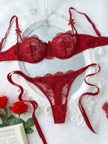 SHEIN Women's Solid Color Lace Patchwork Knotted Sheer Sexy Bra And Panty Lingerie Set, 2pcs