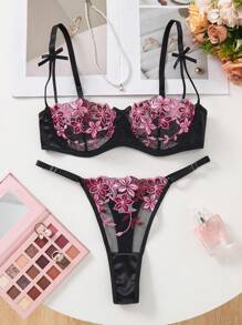 SHEIN 2pcs/Set Romantic Floral Embroidery Sexy Lingerie Set Floral Lingerie Set Underwire Lingerie Set Embroidered Lingerie Set Sheer Lingerie Set