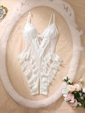 Spicy Aura Elegant Sheer Patchwork Satin Crepe Ruffle Trim Plunging Neck Jumpsuit For Women