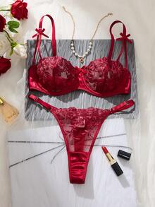 SHEIN 2pcs Purple Romantic Floral Embroidery Sexy Lingerie Set For Women Red Lace Lingerie Set Sexy Underwear Set Burgundy Red Lace Bra And Panty