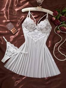 2pcs Women's Burgundy Soft Comfortable Lace Floral Heart Pajama Set, Christmas And Halloween Gift, Sexy Lace Sleepwear