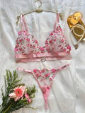 Style Dream Sexy Lingerie Set, Pink Floral Embroidery Padded Push-Up Breathable Bra & Panty 2-Piece, Romantic Intimate Wear For Valentine's Day