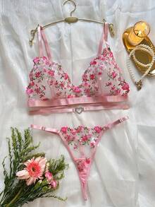 Style Dream Sexy Lingerie Set, Pink Floral Embroidery Padded Push-Up Breathable Bra & Panty 2-Piece, Romantic Intimate Wear For Valentine's Day