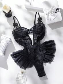 Seduluxe Butterfly Lace Mesh Ruffle Trim Underwire Bodysuit, Sexy & Sheer For Women