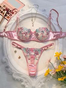 Crystal Vow 2pcs/Set Romantic Floral Embroidery Sexy Lingerie Set For Women Valentine's Floral Lingerie Set Pink Lingerie Set Underwire Satin Lingerie Set Gaine