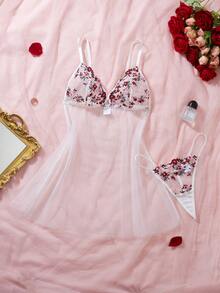2pcs Women's Sexy Nightgown & Robe Set, Sheer Mesh Floral Design, Adjustable Spaghetti Straps, Lingerie Dress Set