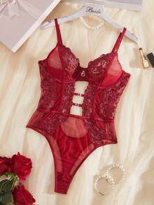 1pc Women's Sexy Lingerie Floral Embroidery Mesh Jumpsuit Lingerie For Women Red Adult Gifts Lingerie Red Lace Bodysuit Red Lingerie Bodysuit