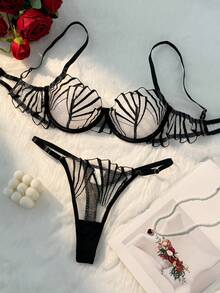 1 Set 2pcs Women's Black Halloween Embroidered Floral Daily Lingerie Set, Comfortable Elegant Bra And Panty Set