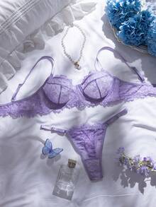 2pcs/Set Rose Red Lace Patchwork Lingerie Set, Mature & Sensual
