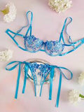 Elorette 2pcs/Set Sky Blue Embroidered Strap Ladies Sexy Lingerie Set