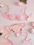 Elorette 2pcs Women's Burgundy Romantic Embroidery Lace-Up Thong Lingerie Set