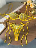 Women's 2-Piece Yellow Floral Embroidered Sheer Mesh Underwire Bra And Thong Lingerie Set With Heart Pendant