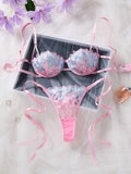 Sweet Floral Embroidery Sheer Lingerie Set Pink Blue Underwire Bra Side Tie Thong For Date Night