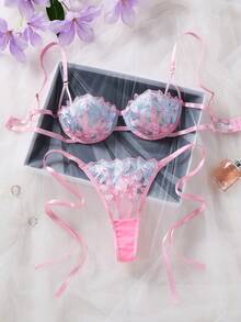 Sweet Floral Embroidery Sheer Lingerie Set Pink Blue Underwire Bra Side Tie Thong For Date Night