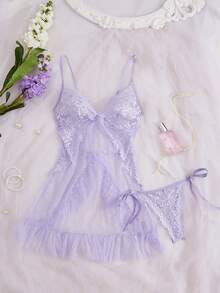 Seduluxe Women's Sexy Lace Mesh Patchwork Dress + G-String 2pcs Set