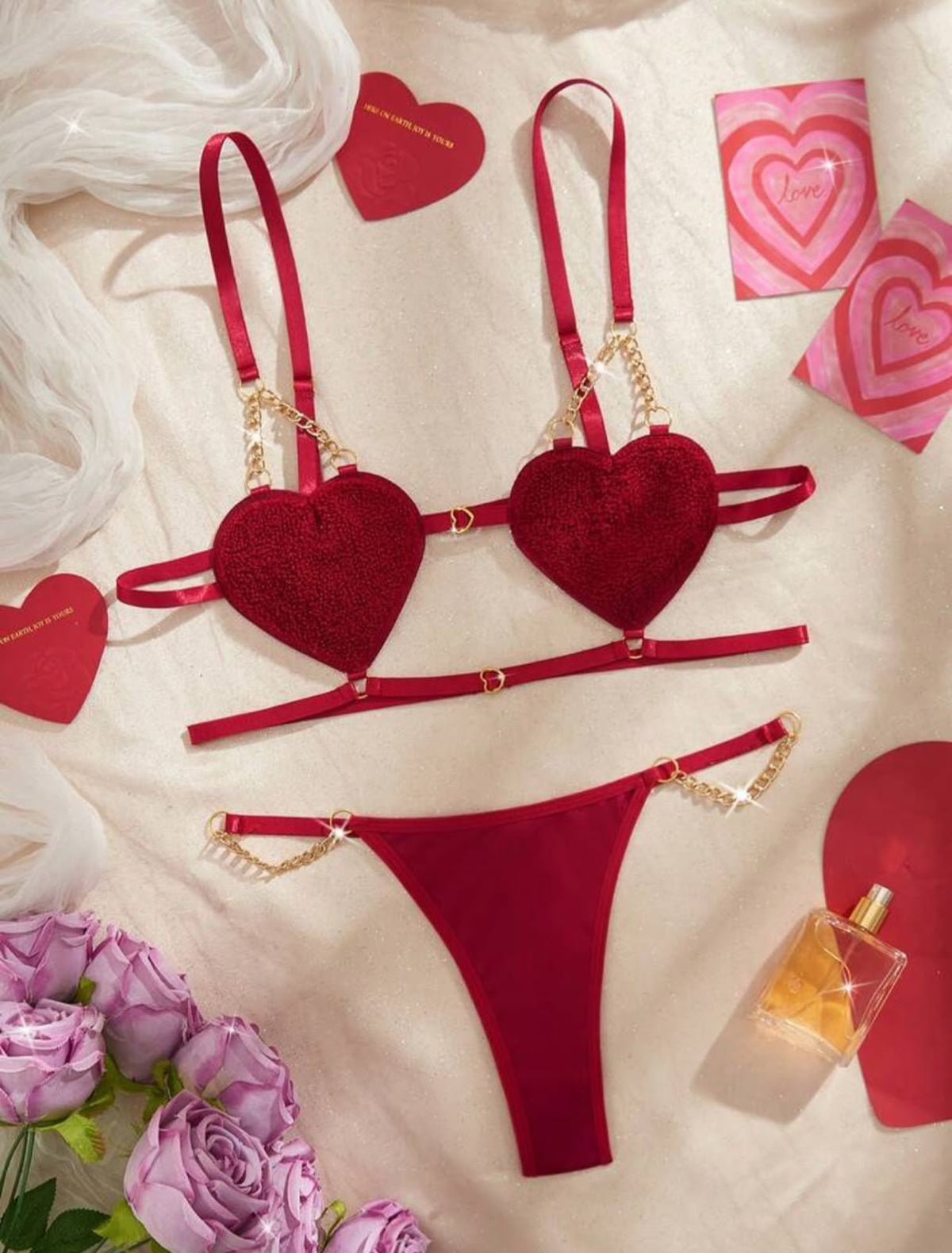 2Pcs Women's Heart Chain Decor Lingerie Set Romantic Valentine's Day
